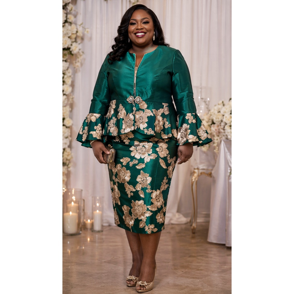 Nwt Ey Boutique Emerald Green 3-Pc Skirt Suit Set Floral Bell Sleeve Size 14